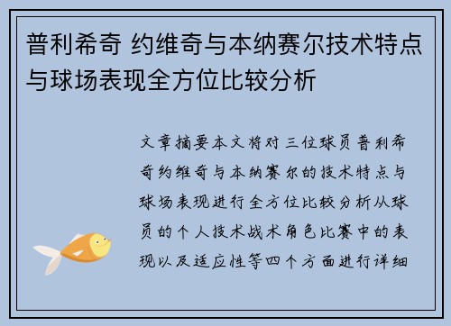 普利希奇 约维奇与本纳赛尔技术特点与球场表现全方位比较分析